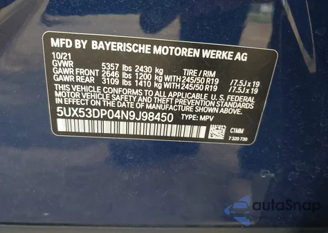 2022 BMW X3 xDrive30I из США, поврежденный, VIN 5UX53DP04N9J98450